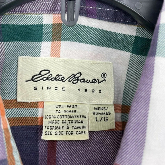Eddie Bauer Button Up Shirt Men's Sz L Short Sleeve Collared Plaid White Purple - Picture 6 of 8